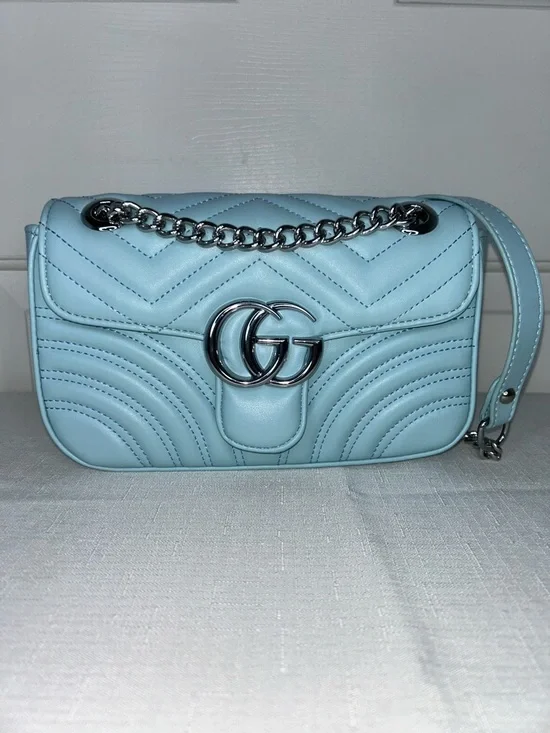 Light Blue Chevron Quilted Shoulder Bag with Silver Hardware and Dust Bag - Picture 13 of 13